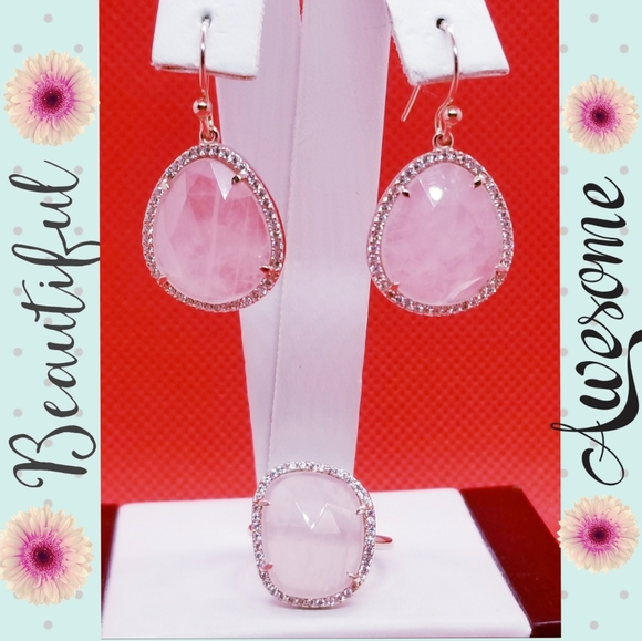 14KT ROSE GOLD PLATED HALO RING AND EARRINGS SET - Picture 1 of 3